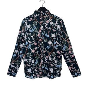 JACK AND JONES Breton Long Sleeve Linen Slim Button Up, Floral Birds Blue- M